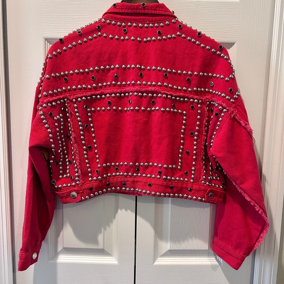 Y2K Studded Red Cropped Denim Jacket ✨ Crystal Embellished Statement | Size S - Picture 7 of 10